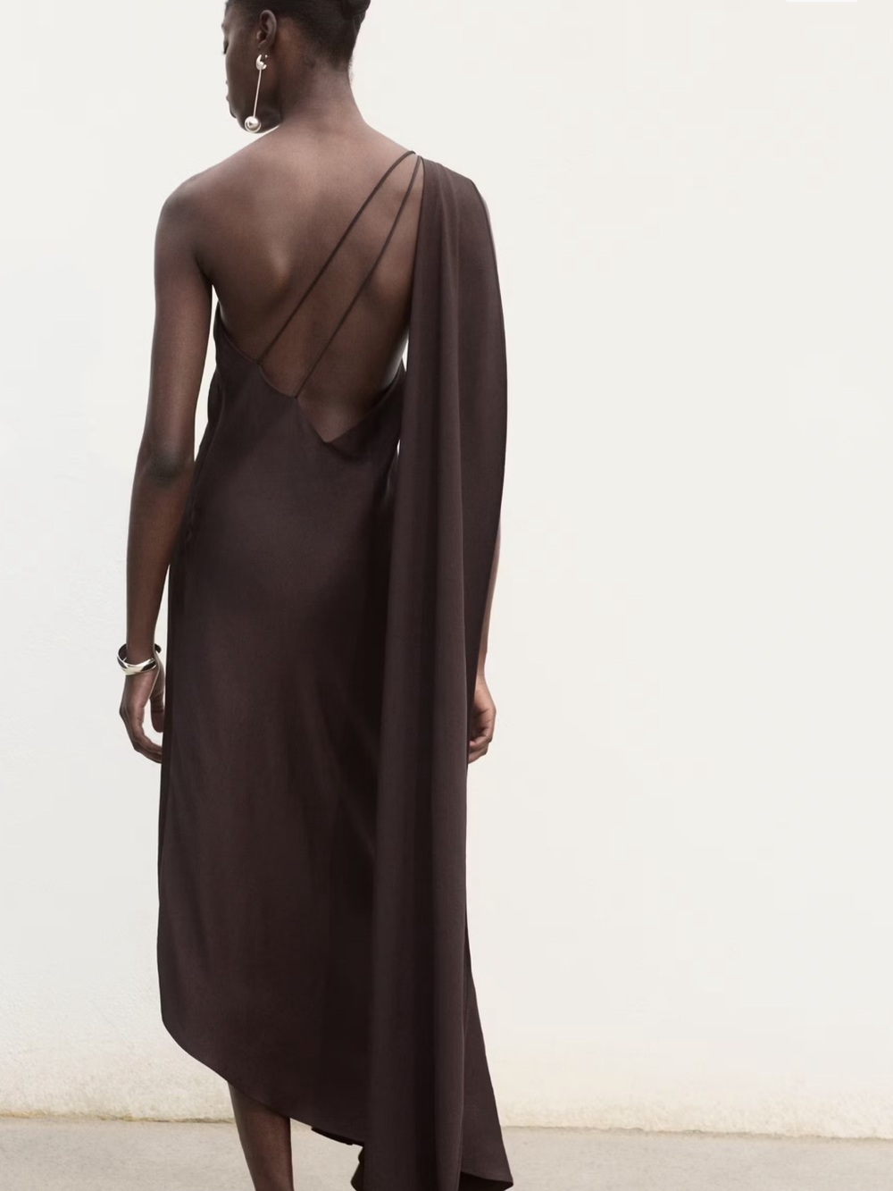Mango One-Shoulder Dark Brown Draped Dress - Picture 3 of 7